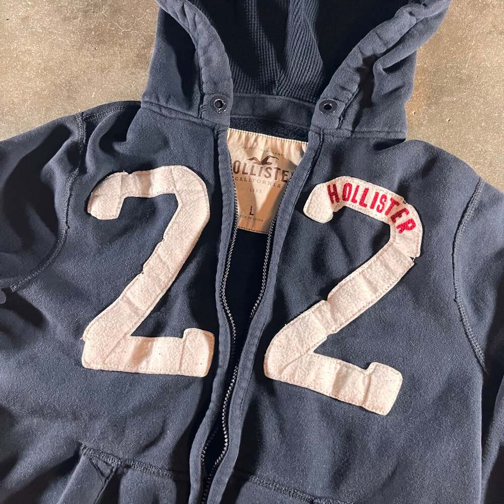 vintage hollister big number 22 navy/white zip up hoodie no zipper mens large